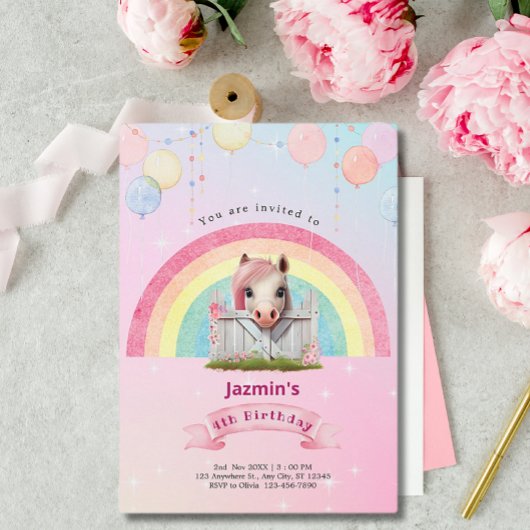 ウマかわいらしピンクレインボーバルーン誕生日パーティー 招待状