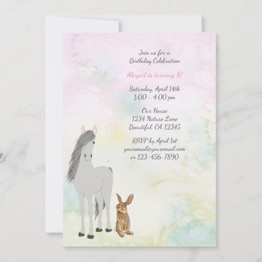 ウマかわいらし・バニー・フラワーズ・アンド・ブックス誕生日 招待状 (裏面)