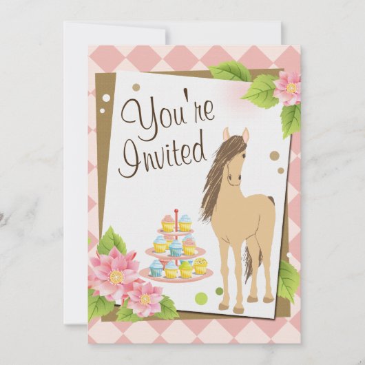 ウマかわいらし、ピンクの花とカップケーキ誕生日 招待状 (正面)