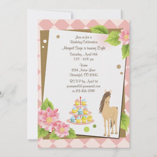 ウマかわいらし、ピンクの花とカップケーキ誕生日 招待状 (裏面)