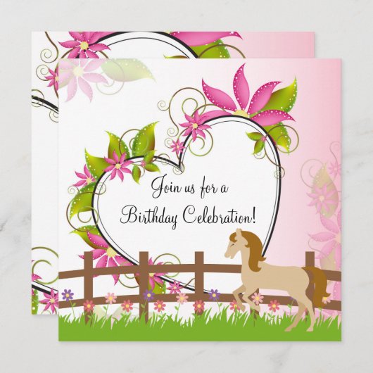 ウマかわいらし・ピンクの花とハート誕生日 招待状 (正面/裏面)