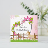 ウマかわいらし・ピンクの花とハート誕生日 招待状 (スタンド正面)