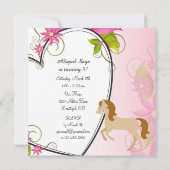 ウマかわいらし・ピンクの花とハート誕生日 招待状 (裏面)