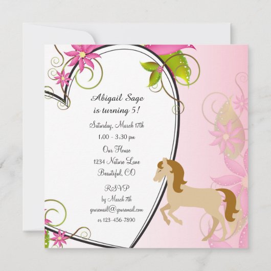 ウマかわいらし・ピンクの花とハート誕生日 招待状 (裏面)