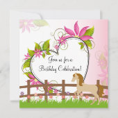 ウマかわいらし・ピンクの花とハート誕生日 招待状 (正面)