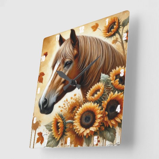 ウマとヒマワリの紅葉 スクエア壁時計 (傾斜)