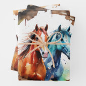 ウマの放牧草地の水彩 ラッピングペーパーシート (インサイチュ)