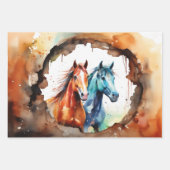 ウマの放牧草地の水彩 ラッピングペーパーシート (正面)