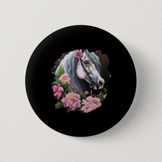 ウマの花かわいい絵画アートの花背R 缶バッジ (正面)