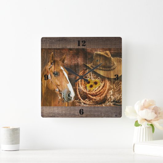 ウマカウボーイハットラッソヒマワリ素朴ーバーンボード スクエア壁時計 (ホーム)