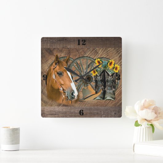 ウマカウボーイブーツワゴンホイールサンフラワーウェスタン スクエア壁時計 (ホーム)