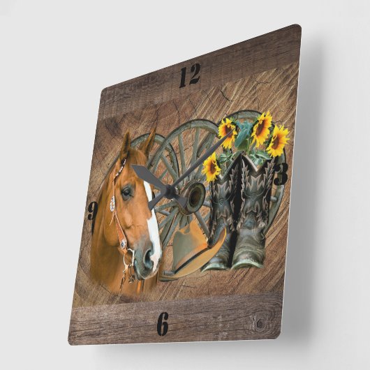 ウマカウボーイブーツワゴンホイールサンフラワーウェスタン スクエア壁時計 (傾斜)