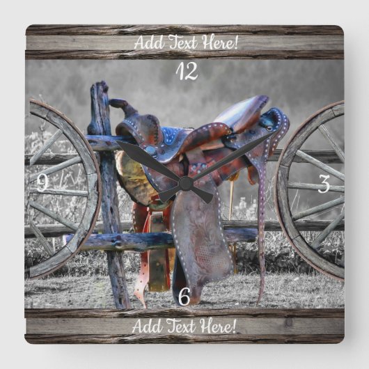ウマサドル式囲い柵ウェスタンワゴンホイール  スクエア壁時計 (正面)