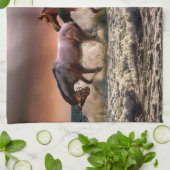 ウマランニングーズ海サーフアットサンセット キッチンタオル (折り畳み)