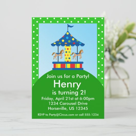 ウマ回転木馬、カーニバルサーカス誕生日パーティー 招待状 (スタンド正面)