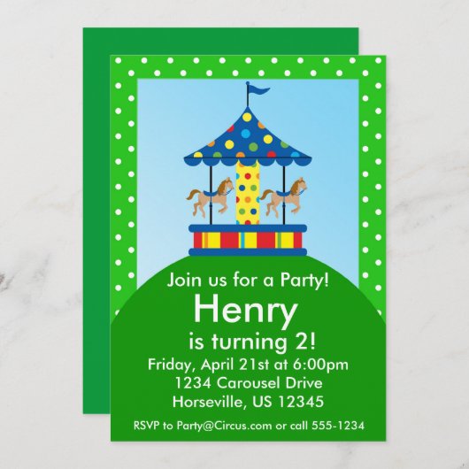 ウマ回転木馬、カーニバルサーカス誕生日パーティー 招待状 (正面/裏面)