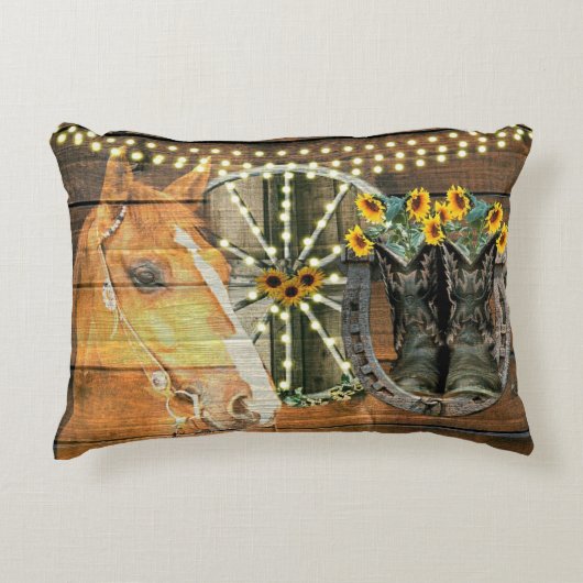 ウマ素朴サンフラワーワゴンホイールカウボーイブーツ アクセントクッション (正面)