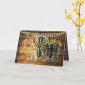 ウマ素朴サンフラワーワゴンホイールカウボーイブーツ カード (黄色い花)