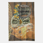 ウマ素朴サンフラワーワゴンホイールカウボーイブーツ キッチンタオル (縦)