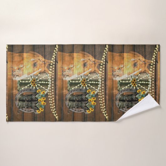 ウマ素朴サンフラワーワゴンホイールカウボーイブーツ バスタオル (バスタオル)