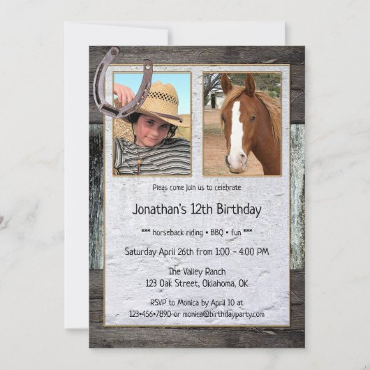 ウマ素朴フォト子供の誕生日招待状 招待状 (正面)