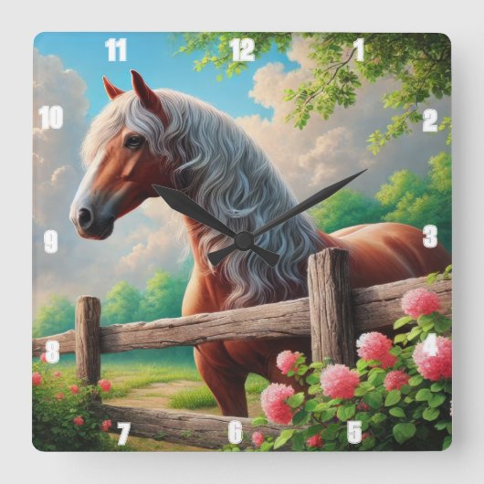 ウマ素朴メドー鮮やかカントリーサイド スクエア壁時計 (正面)