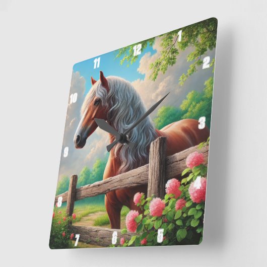 ウマ素朴メドー鮮やかカントリーサイド スクエア壁時計 (傾斜)