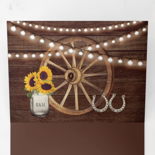 ウマ素朴ードサンフラワーズホースシュー結婚ウェスタン 三つ折り招待状 (内部最初)