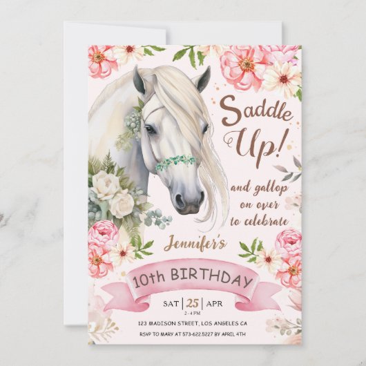 ウマ10誕生日ガールピンク花サドルアップ 招待状 (正面)