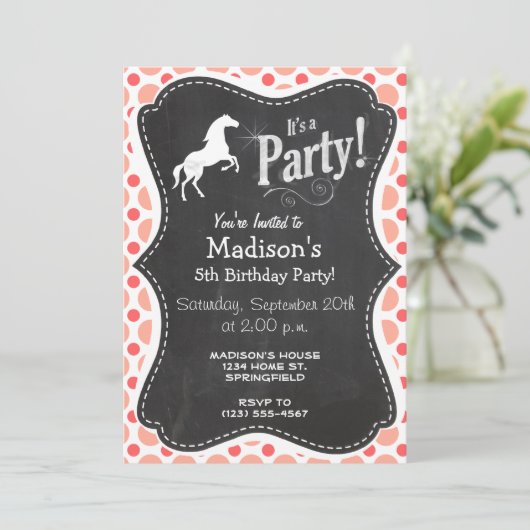 ウマ;ピンク&サンゴ水玉模様 招待状 (スタンド正面)
