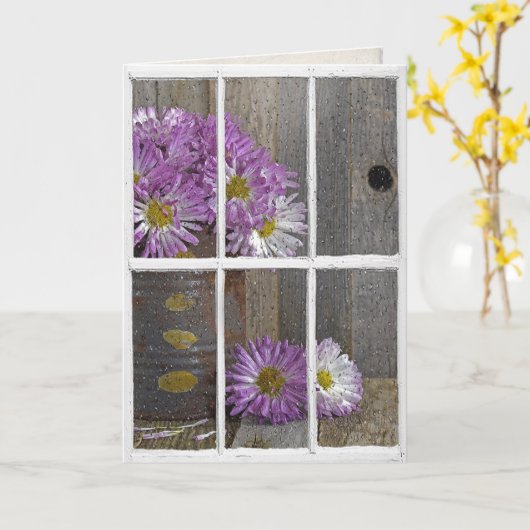 ウミウム付きの窓に降る誕生日の雨 カード (黄色い花)