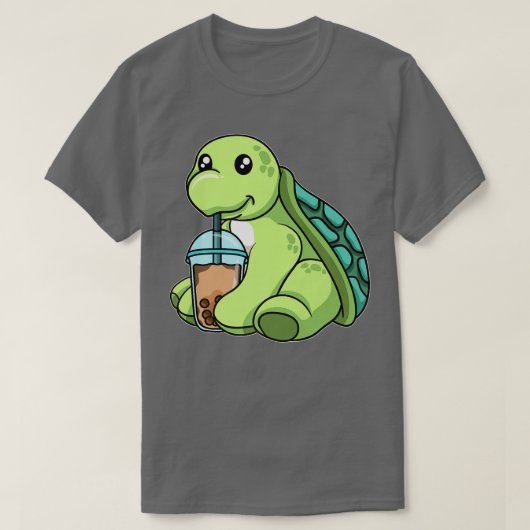 ウミガメがバブルティーを飲むボウバのかわいい動物 Tシャツ (デザイン正面)