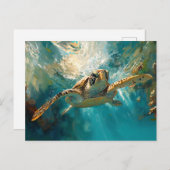 ウミガメが水の中を滑り落ちる ポストカード (正面/裏面)