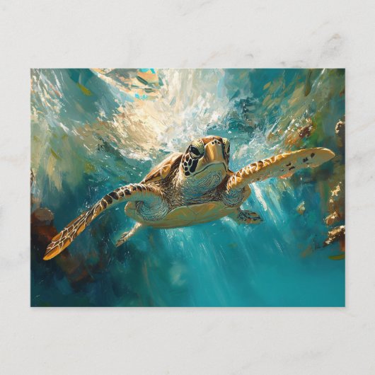 ウミガメが水の中を滑り落ちる ポストカード (正面)