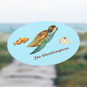 ウミガメが水色に浮かぶ魚 ラウンドペーパーコースター