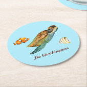 ウミガメが水色に浮かぶ魚 ラウンドペーパーコースター (アングル)