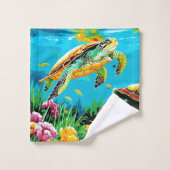 ウミガメが海で泳いでいる バスタオルセット (ウォッシュタオル)