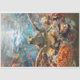 ウミガメとティール（緑がかった色）ブルー海デクページ 薄葉紙