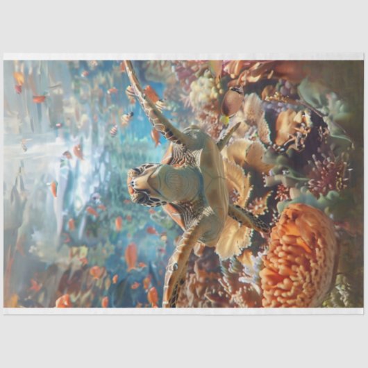 ウミガメとティール（緑がかった色）ブルー海デクページ 薄葉紙 (正面)