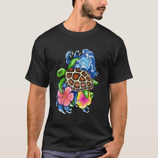 ウミガメとハイビスカス Tシャツ (正面)