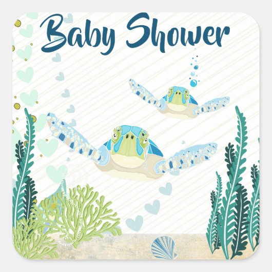 ウミガメとハートビーチベビーシャワー スクエアシール (正面)