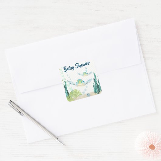 ウミガメとハートビーチベビーシャワー スクエアシール (封筒)