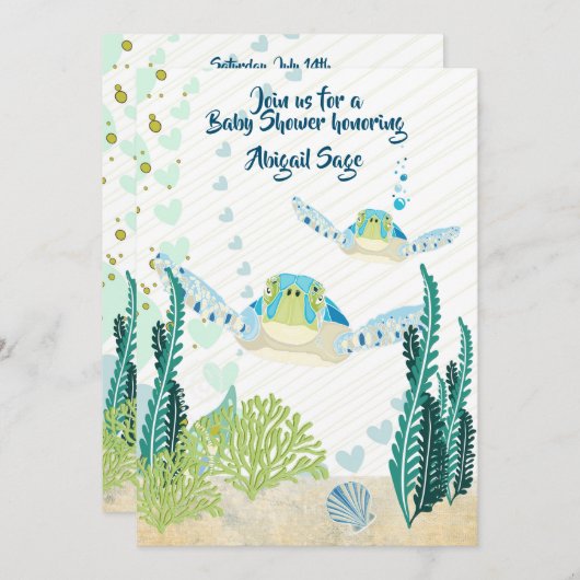 ウミガメとハートビーチベビーシャワー 招待状 (正面/裏面)