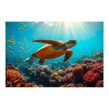ウミガメと多くの小型魚が水中に