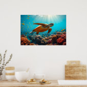 ウミガメと多くの小型魚が水中に ポスター (キッチン)