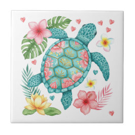 ウミガメと熱帯の花 タイル