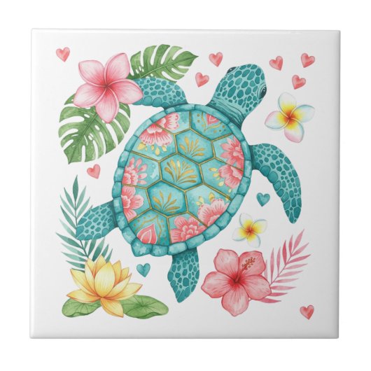 ウミガメと熱帯の花 タイル (正面)