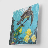 ウミガメと魚の壁時計を持つ海 スクエア壁時計 (傾斜)