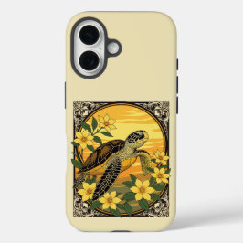 ウミガメと黄色いゲルセミウムの花 iPhone 16ケース