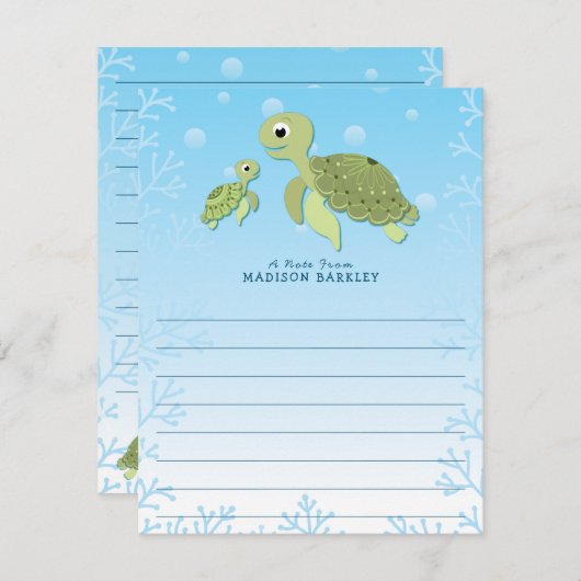 ウミガメのかわいい平らな静止カード サンキューカード (正面/裏面)